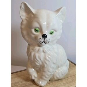 Vintage 1970s Ceramic White Persian Cat W/Green Glass Eyes